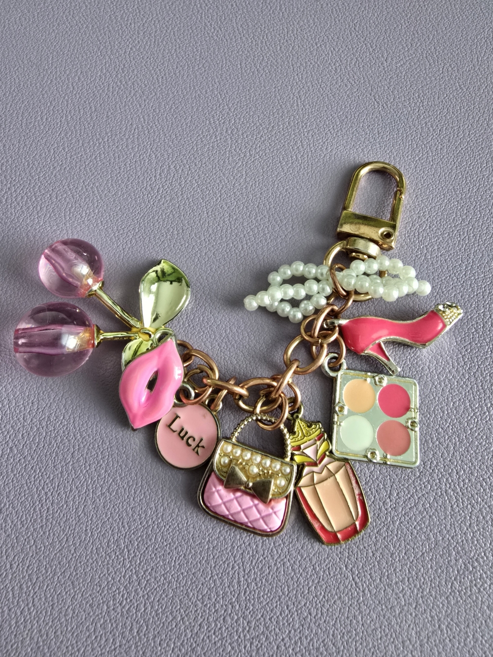 Pink 💕 Cherry Charm Keychain with Lips, Purse, Shoe, Perfume, Eyeshadow, NEW - Picture 3 of 6